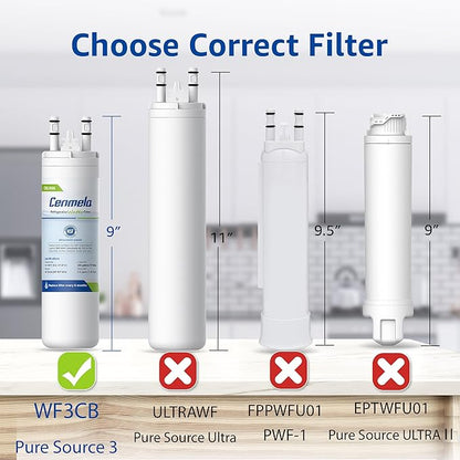 WF3CB Replacement Water Filter, Compatible with Frigidaire WF3CB, Pure Source 3, 706465, 242069601, 242086201, 242017800, WF425, Height 9 inches, Pack of 2