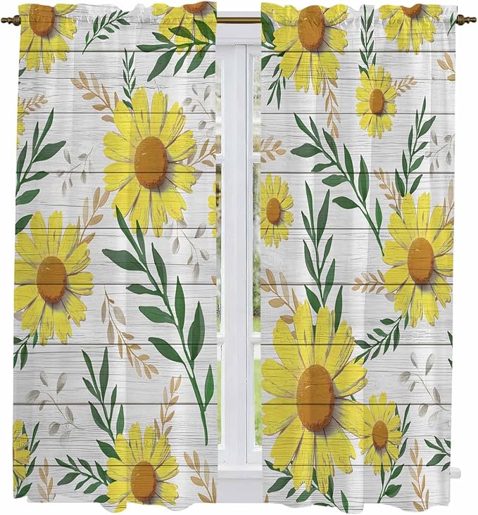 Yellow Daisy Kitchen Curtains, Farmhouse Country Flower Leaf Plant Wood Grain Light Filtering Window Curtain Panels, 2Pcs Rod Pocket Window Treatments Set for Living Room Bathroom Bedroom 42x63 Inches