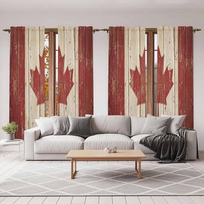 Canada Kitchen Curtains, Red Maple Leaf Flag Vintage Farmhouse Wooden Grain Light Filtering Window Curtain Panels, 2Pcs Rod Pocket Window Treatments Set for Living Room Bathroom Bedroom 52x72 Inches