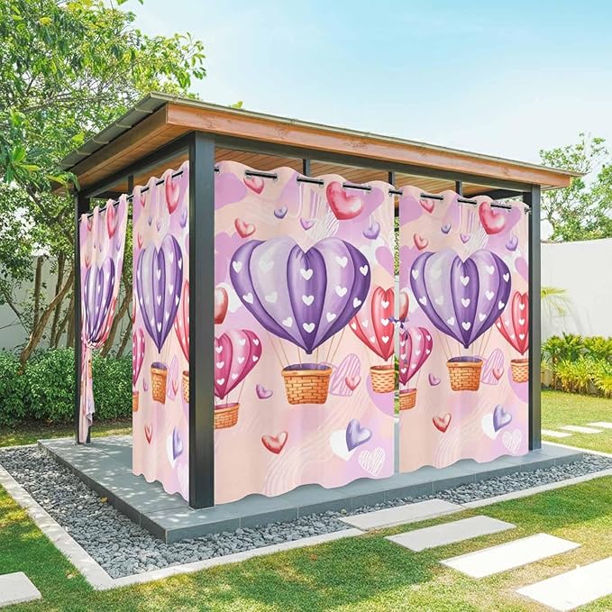 Hot Air Balloons Waterproof Outdoor Curtains for Patio,Windproof Weatherproof Curtains with Weighted Hem,Valentine's Day Watercolor Love Balloons Light Filtering Privacy Drapes 54"x 95" 2 Panels