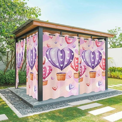 Hot Air Balloons Waterproof Outdoor Curtains for Patio,Windproof Weatherproof Curtains with Weighted Hem,Valentine's Day Watercolor Love Balloons Light Filtering Privacy Drapes 54"x 95" 2 Panels