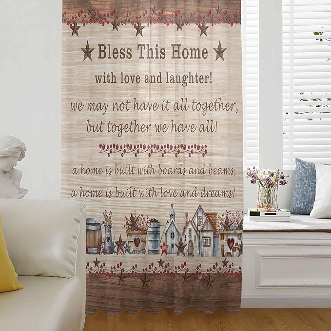Farmhouse Sheer Curtains 54 Inch Length Brown Country Star Berry Vintage Wood Grain Chiffon Curtain for Bedroom Living Room Light Filtering Window Treatments Voile Curtains Drapes for Kitchen