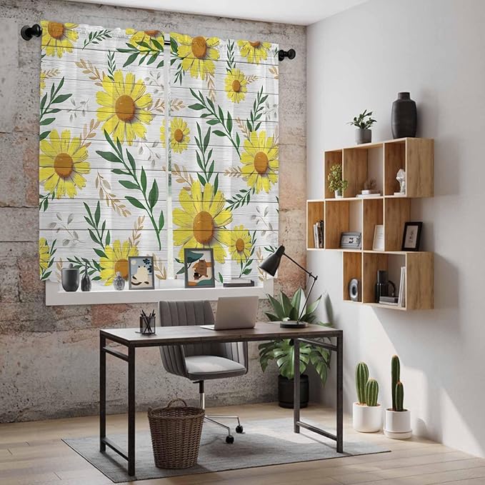 Yellow Daisy Kitchen Curtains, Farmhouse Country Flower Leaf Plant Wood Grain Light Filtering Window Curtain Panels, 2Pcs Rod Pocket Window Treatments Set for Living Room Bathroom Bedroom 42x63 Inches