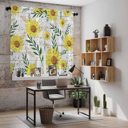 Yellow Daisy Kitchen Curtains, Farmhouse Country Flower Leaf Plant Wood Grain Light Filtering Window Curtain Panels, 2Pcs Rod Pocket Window Treatments Set for Living Room Bathroom Bedroom 42x63 Inches