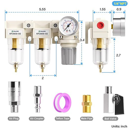 TAILONZ PNEUMATIC 1/4 Inch NPT 3 in 1 Air Filter Pressure Regulator Combo Piggyback, Air Tool Compressor Filter with Gauge AF2000+AF2000+AR2000