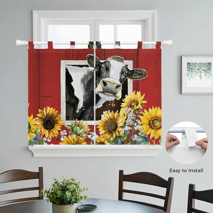 Cows Sunflowers Kitchen Curtains 45 Inch Length, Short Cafe Window Curtains Tab Top, Spring Botanical Floral Bees Red Barn Light Filtering Window Treatments Tier Drapes 27.5"x45" 2 Panel