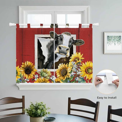 Cows Sunflowers Kitchen Curtains 45 Inch Length, Short Cafe Window Curtains Tab Top, Spring Botanical Floral Bees Red Barn Light Filtering Window Treatments Tier Drapes 27.5"x45" 2 Panel