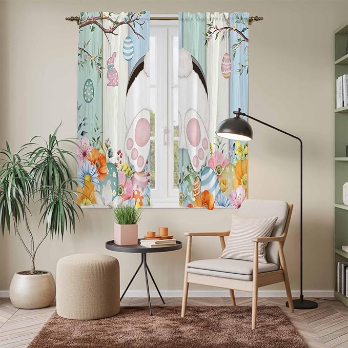 Easter Window Curtains 63 Inch Long 2 Panel Set, Rod Pocket Bedroom Curtains & Drapes, Spring Watercolor Bunny Eggs Wood Grain Teal Blue Light Filtering Window Treatment for Living Room 42"W x 63"L
