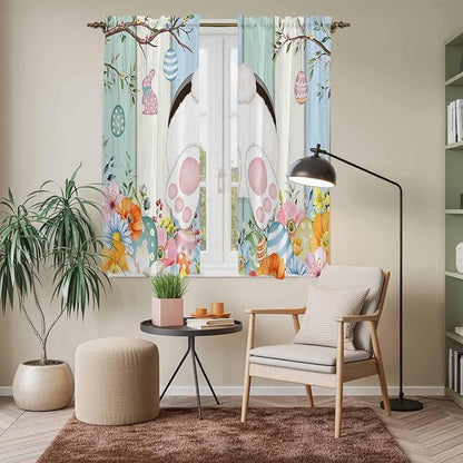 Easter Window Curtains 63 Inch Long 2 Panel Set, Rod Pocket Bedroom Curtains & Drapes, Spring Watercolor Bunny Eggs Wood Grain Teal Blue Light Filtering Window Treatment for Living Room 42"W x 63"L
