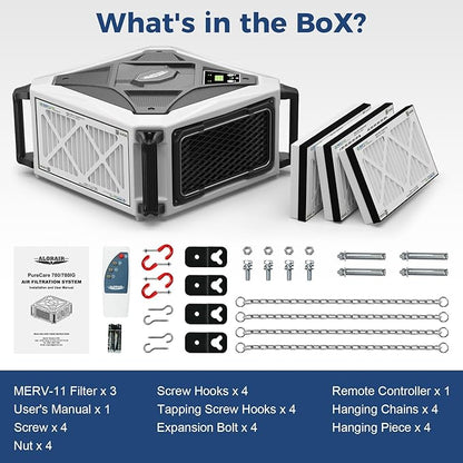 ALORAIR Hanging Intake Air Filtration Systems Woodworking 2 Stage Air Flow (580/780CFM) Remote Control, Shop Dust Collectors with Strong Vortex Fan for Garage, Work Shop, Home Use, Purecare 780