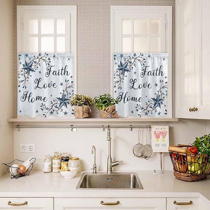 Texas Star Country Kitchen Curtains Set 3 Piece for Windows, Rod Pocket Valance and Tier Set 24 Inch Length, Blue Farmhouse Branches Light Filtering Cafe Curtains for Living Room Bathroom