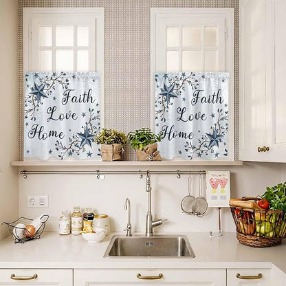 Texas Star Country Kitchen Curtains Set 3 Piece for Windows, Rod Pocket Valance and Tier Set 24 Inch Length, Blue Farmhouse Branches Light Filtering Cafe Curtains for Living Room Bathroom