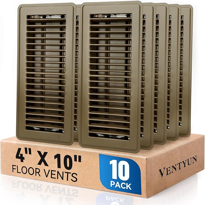 4" x 10" Floor Register Vent Covers 10-Pack, Walkable Powder-Coated Metal Vent Covers with Adjustable Airflow, Curved Safe Edges for Floor/Wall, Brown