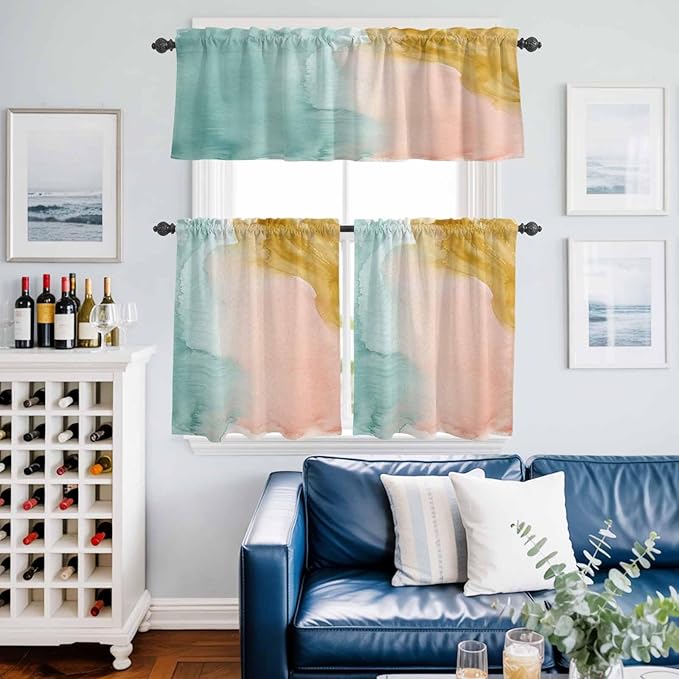 Kitchen Window Curtains Valance and Tier Set, Abstract Desert Mountains Rod Pocket Tier Curtain Valance Set, Modern Minimalist Art Light Filtering Cafe Curtains for Bedroom Living Room