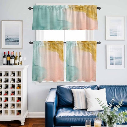 Kitchen Window Curtains Valance and Tier Set, Abstract Desert Mountains Rod Pocket Tier Curtain Valance Set, Modern Minimalist Art Light Filtering Cafe Curtains for Bedroom Living Room