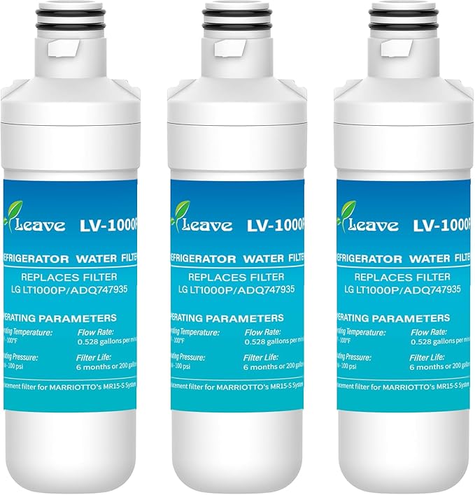 Leave LT1000PC ADQ747935 MDJ64844601 Water Filter, Reduce chlorine, bad taste and odor, Replacement for LG® LT1000P®, ADQ74793501, ADQ74793502, Kenmore 46-9980, Pack of 3