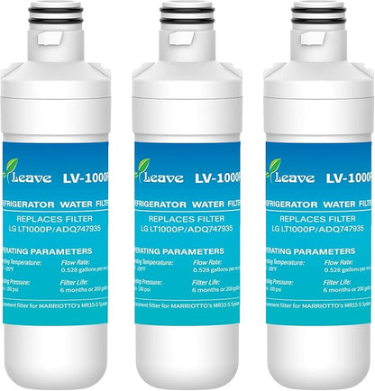 Leave LT1000PC ADQ747935 MDJ64844601 Water Filter, Reduce chlorine, bad taste and odor, Replacement for LG® LT1000P®, ADQ74793501, ADQ74793502, Kenmore 46-9980, Pack of 3