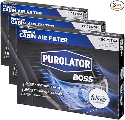 Purolator PBC25764 PurolatorBOSS Automotive Cabin Air Filter with Febreze & Activated Carbon, Car & Truck Passenger Compartment OEM Filter Replacement for Nissan Frontier, Pathfinder | (Pack of 3)