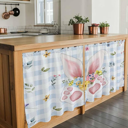 Easter Kitchen Tier Curtains 24 Inch Long 2 Panel Set,Rod Pocket Cafe Small Window Curtains Over Sink,Spring Rabbits Ears Feet Floral Blue Lattice Light Filtering Short Drapes 27.5"W x 24"L