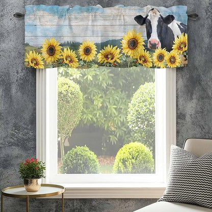 Cow Sunflowers Curtain Valances for Windows, Kitchen Valance Window Treatment, Farmhouse Animal Blue Sky Wooden Grain Light Filtering Block Curtains for Bathroom/Bedroom/Living Room 54'' x 18''