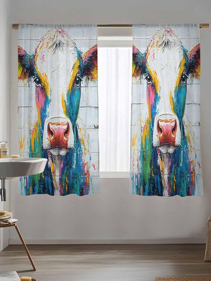 Sheer Curtains 63 Inch Length, Farmhouse Oil Painting Semi Sheer Curtains Light Filtering Window Treatment, Colorful Cow Animal Wooden Grain Privacy Voile Drapes for Living Room Bedroom 52x63 Inch