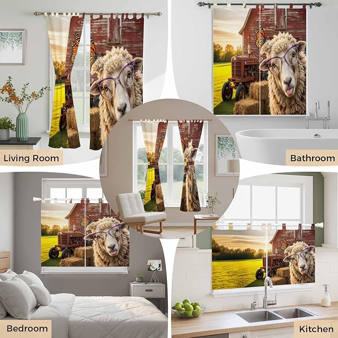Farm Sheep Kitchen Curtains 45 Inch Length, Short Cafe Window Curtains Tab Top, Farmhouse Barn Funny Animals Butterfly Light Filtering Window Treatments Tier Drapes 27.5"x45" 2 Panel