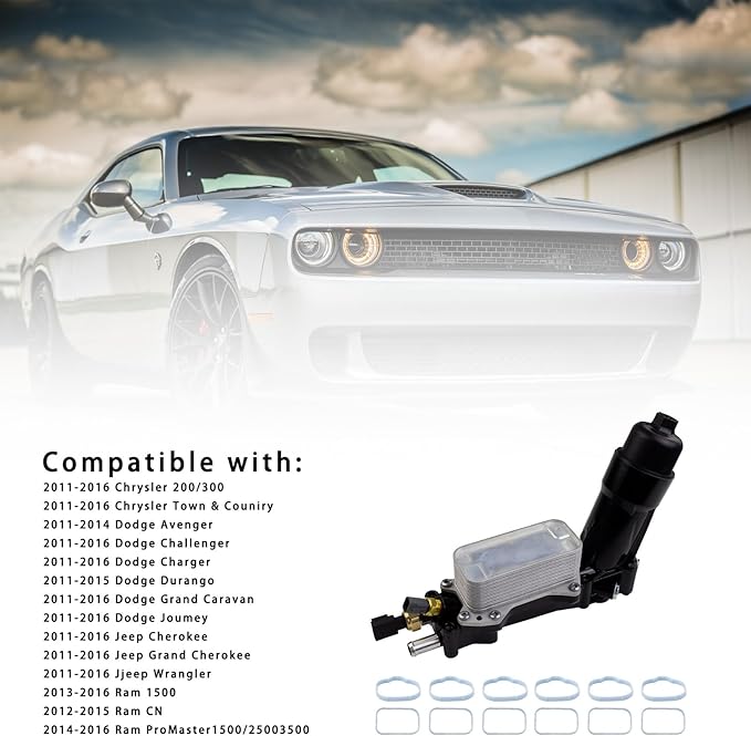 926-959 Aluminum Engine Oil Filter Housing Oil Cooler Kit with Gaskets & Sensors Compatible with 2011-2016 Chrysler Charger Challenger Journey Wrangler Ram Promaster 3.6L (black)