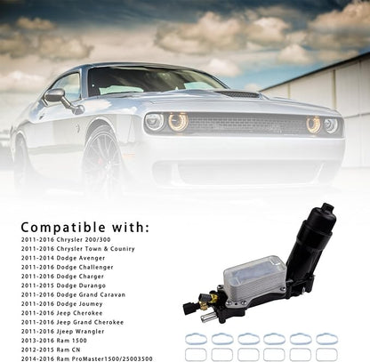 926-959 Aluminum Engine Oil Filter Housing Oil Cooler Kit with Gaskets & Sensors Compatible with 2011-2016 Chrysler Charger Challenger Journey Wrangler Ram Promaster 3.6L (black)