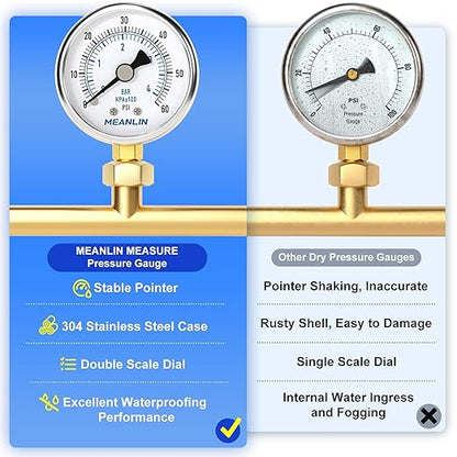 MEANLIN MEASURE 0~60Psi Dry Pressure Gauge Stainless Steel 1/4" NPT 2" FACE DIAL Waterproof for Pool Filter Pump Oil Air Compressor Tire Pressure Tester Lower Mount with 1/2" NPT and 3/8" NPT Hex Bush