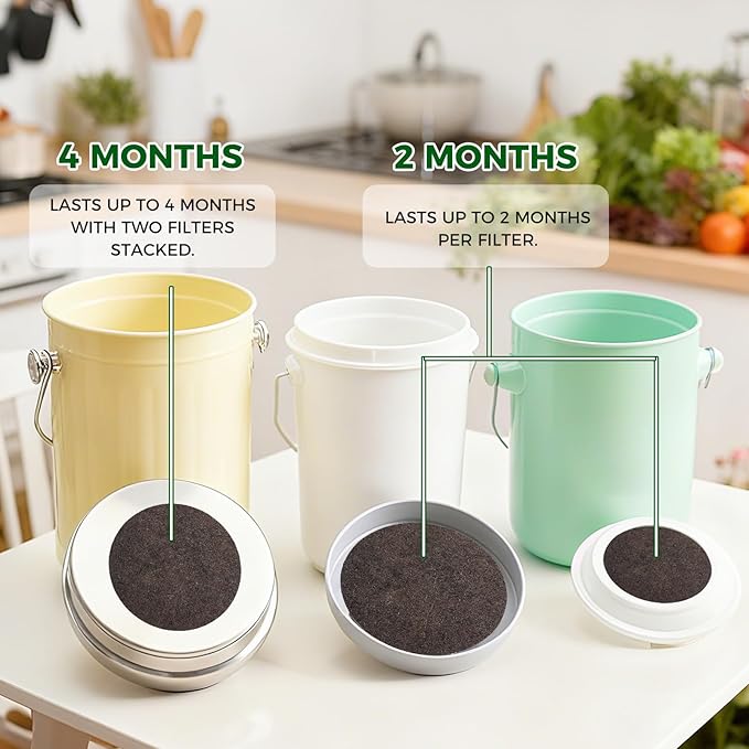 Compost Filters, 12-Pack, 7.25 Inch | Biodegradable Coconut Fiber Charcoal Air Filters for Kitchen Compost Bin, Bucket, Countertop Bin, with Sizing Template
