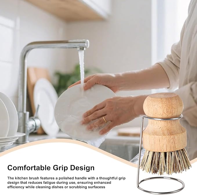 Kitchen Brush, Scrubber Cleaner with Wooden Handle and Drain Rack, Dish Scrubber for Sink Pots Pans Shower Bathroom Grout Tile Washing