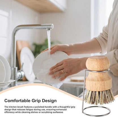 Kitchen Brush, Scrubber Cleaner with Wooden Handle and Drain Rack, Dish Scrubber for Sink Pots Pans Shower Bathroom Grout Tile Washing