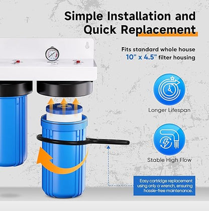PUREPLUS 2-Stage Whole House Water Filtration System, Reduces Chlorine, Odor, Heavy Metals, Iron, Manganese, 10"x4.5" Housing, 1" Inlet/Outlet, PP Sediment & RFN Iron Filter, Pressure Gauges Included