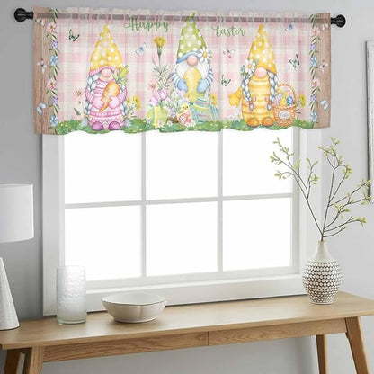 Happy Easter Sheer Valances for Windows 42"x12", Light Filtering Kitchen Curtains Valance, Spring Gnomes Duck Floral Eggs Pink Plaid Rod Pocket Chiffon Curtains for Living Room Bedroom Cafe