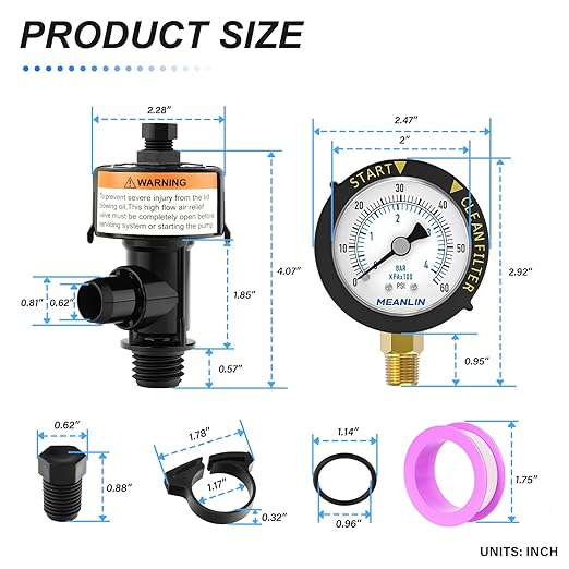 MEANLIN MEASURE 98209800 High Flow Air Relief Valve Replacement for Pool and Spa Filter, Air Relief Manual Valve Assembly with 60Psi Steel Start and Clean Filter Pressure Gauge
