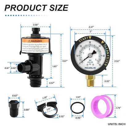MEANLIN MEASURE 98209800 High Flow Air Relief Valve Replacement for Pool and Spa Filter, Air Relief Manual Valve Assembly with 60Psi Steel Start and Clean Filter Pressure Gauge