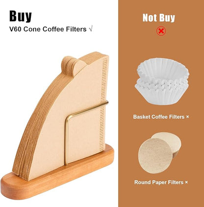 Cone Coffee Filter Holder, Stand Coffee Filter Storage, Coffee Filter Container for V60 Paper Coffee Filters Size #01 and #02, Cherry Wood & Brass