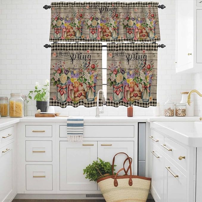 Spring Flowers Kitchen Curtains Set 3 Piece for Windows, Rod Pocket Valance and Tier Set 36 Inch Length, Farmhouse Vintage Black Plaid Wood Grain Light Filtering Cafe Curtains for Living Room Bathroom
