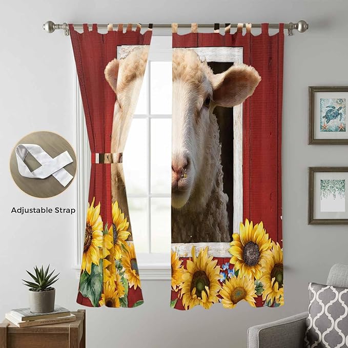 Sheep Sunflower Living Room Curtains 96 Inch Length, Window Curtains Tab Top, Country Red Farm Barn Spring Flowers Light Filtering Window Treatments Drapes 52"x96" 2 Panel