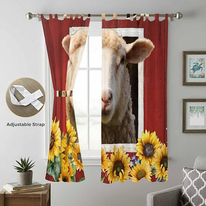 Sheep Sunflower Living Room Curtains 84 Inch Length, Window Curtains Tab Top, Country Red Farm Barn Spring Flowers Light Filtering Window Treatments Drapes 52"x84" 2 Panel
