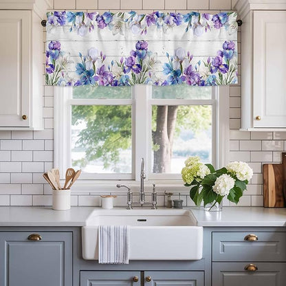 Spring Flowers Curtain Valances for Windows, Kitchen Valance Window Treatment, Watercolor Garden Florals Wooden Grain Light Filtering Block Curtains for Bathroom/Bedroom/Living Room 54'' x 18''
