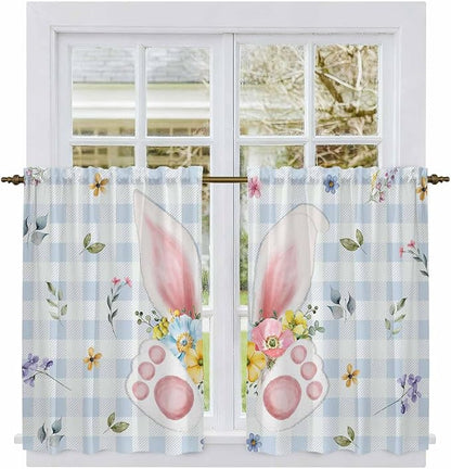 Easter Kitchen Curtains 45 Inch Long 2 Panel Set, Rod Pocket Window Treatment, Spring Rabbits Ears Feet Floral Blue Lattice Light Filtering Short Curtains & Drapes for Bathroom Laundry 52"W x 45"L