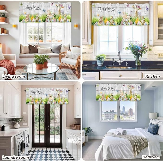 Easter Curtain Valances for Windows, Kitchen Valance Window Treatment, Spring Sheep Bunny Duck Plants Wooden Grain Light Filtering Block Curtains for Bathroom/Bedroom/Living Room 54'' x 18''