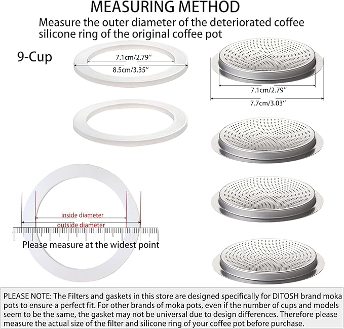 2 Pcs Filter with 3 Pcs Silicone Gasket Seals for 9 Cup Stovetop Espresso Coffee Maker Replacement Parts for Big Tummy and Straight Stainless Steel Moka Pot
