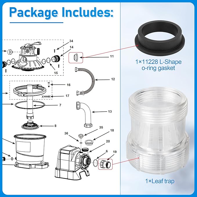 SF90110-1 Replacement Leaf Trap for Intex 1500 GPH Sand Filter Pump, Above Ground Pool Filter Pump Part Hose Connector with 11228 L-Shape O-Ring Gasket fit Intex 10 Inch Filter Pump