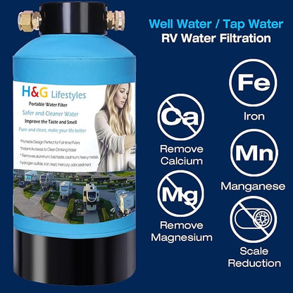 H&G Lifestyles RV Water Filter,Iron Filter for Well Water, Remove Iron Manganese Calcium and Magnesium, RV Water Softener Filtration System for Garden Hose, with 3/4" GHT Brass Adapter