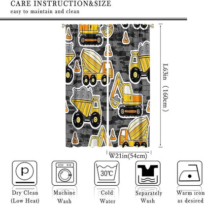 Kids Construction Excavator Window Curtains, Yellow Excavator Transporter Truck Cartoon Vehicles Rod Pocket Decorative Window Curtain for Children Teens Room 42x63in (30% Blackout)