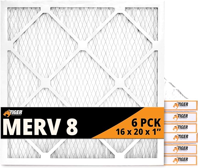 Tiger Tough 16x20x1 Air Filter MERV 8 MPR 600-800, High-Performance Pleated HVAC AC Furnace Filter Replacement for Home, 6-Pack
