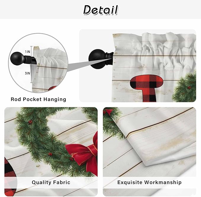 Christmas Wreaths Window Curtains 72 Inch Long 2 Panel Set,Rod Pocket Long Curtains & Drapes,Winter Bow Plaid Farmhouse Wooden Grain Window Treatment for Bedroom Living Room 52"W x 72"L