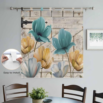 Watercolor Flowers Bathroom Curtains 63 Inch Length, Window Curtains Tab Top, Vintage Tulips Floral Barn Doors Wood Grain Light Filtering Window Treatments Drapes 52"x63" 2 Panel